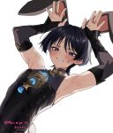  1boy animal_ear_fluff animal_ears armor armpits arms_up bell black_eyes black_hair black_leotard blunt_ends bridal_gauntlets clenched_teeth commentary_request dutch_angle embarrassed eyelashes eyeliner genshin_impact gold gold_ring grey_bridal_gauntlets highres japanese_armor jewelry kote kousuke_(ko_suke) kurokote leotard looking_at_viewer makeup male_focus mandarin_collar middle_ring neck_bell neck_ring negative_space open_hands purple_pupils rabbit_boy rabbit_ears rabbit_pose rabbit_tail red_eyeliner scaramouche_(genshin_impact) solo tail teeth tsurime tulaytullah's_remembrance_(genshin_impact) twitter_username upper_body wanderer_(genshin_impact) white_background wispy_bangs 