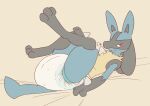 ageplay anthro big_diaper blue_body blue_ears blue_fur blue_tail clothed clothing diaper fur generation_4_pokemon glistening glistening_eyes gloves_(marking) grey_body grey_fur hardscales hi_res infantilism looking_at_viewer lucario lying male male_anthro markings mouth_closed nintendo on_back pokemon pokemon_(species) red_eyes roleplay solo tail topless wearing_diaper white_diaper yellow_body yellow_fur