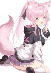  1girl absurdres animal_ears antenna_hair ass black_hoodie black_ribbon blush braid breasts fang fingernails hair_ribbon hakui_koyori hakui_koyori_(school_uniform) highres hololive hood hoodie kei_(keiillustrator) long_hair long_sleeves looking_at_viewer looking_back nail_polish open_mouth paw_print pink_hair pink_hoodie pink_nails pink_skirt pink_tail plaid_clothes plaid_skirt pleated_skirt ponytail purple_eyes ribbon rudder_footwear shoes simple_background sitting skirt sleeves_past_wrists smile solo tail thighs virtual_youtuber wariza white_background white_hoodie wolf_ears wolf_girl wolf_tail 