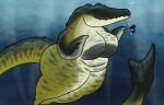 anthro aquatic blue_body blue_scales breasts bubble clothing dinosaur duo eviltadpoletail featureless_breasts female fin green_body green_scales hat headgear headwear hi_res jurassic_park jurassic_world jurassic_world:_dominion male mosasaur mosasaurus nude prehistoric_species reptile saurischian scales scalie sharp_teeth slightly_chubby spinosaurid spinosaurus tail tail_fin teeth theropod thick_thighs toony_eyes top_hat underwater universal_studios water white_body white_scales