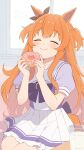  1girl absurdres animal_ears blush bow bowtie closed_eyes closed_mouth commentary_request cup donut drinking_glass ear_ornament eating food hair_between_eyes highres holding holding_donut holding_food horse_ears horse_girl horseshoe_ornament inuyama_nanami long_hair mayano_top_gun_(umamusume) pleated_skirt purple_bow purple_bowtie purple_shirt sailor_collar sailor_shirt school_uniform shirt skirt solo tracen_school_uniform two_side_up umamusume water white_sailor_collar white_skirt 