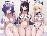  3girls animal_ears animal_print bikini black_hair black_halo blue_archive blue_eyes blue_halo breasts commentary_request cow_ears cow_horns cow_print cow_print_bikini eyepatch_bikini fake_animal_ears fake_horns halo hido88 highres horns huge_breasts large_breasts long_hair mechanical_halo multicolored_halo multiple_girls navel print_bikini purple_eyes purple_hair red_eyes red_halo rio_(blue_archive) slingshot_swimsuit stomach swimsuit thighs toki_(blue_archive) two-tone_halo two_side_up underboob v very_long_hair yuuka_(blue_archive) 