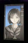  1girl art_program_in_frame blue_background clip_studio_paint_(medium) commentary expressionless frown greyscale_with_colored_background highres photo_(medium) school_uniform serafuku shimizu_hinako silent_hill_(series) silent_hill_f solo taorotana unfinished upper_body 
