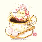  ahoge animal bird bonnet bow closed_eyes coffee commentary_request copyright_notice cup heart holding holding_cup in_container in_cup korean_commentary no_humans original owl red_bow saucer simple_background spoon steam talbi teacup watermark white_background 