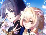  1boy 1girl :p akanbe aqua_gem black_eyes black_hair blonde_hair blue_sky blunt_ends blurry bow braid bubble cloud cloudy_sky commentary depth_of_field detached_sleeves english_commentary eyelashes eyelid_pull eyeliner finger_to_eye fingernails gem genshin_impact gold_ring hair_bow half_up_braid hand_on_another's_head hand_up highres looking_at_viewer lumine_(as_heaven_and_earth_are_made_anew)_(genshin_impact) lumine_(genshin_impact) makeup middle_ring multicolored_hair nicbuns official_alternate_costume outdoors pink_lips purple_hair red_eyeliner scaramouche_(genshin_impact) scarf short_hair short_hair_with_long_locks sidelocks sky smile streaked_hair tongue tongue_out tsurime twitter_username v wanderer_(genshin_impact) white_bow white_scarf white_sleeves wispy_bangs yellow_eyes 