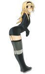  1girl black_boots black_hairband black_thighhighs blonde_hair boots brown_eyes commentary english_commentary from_side full_body glasses hairband highres hira_(yirtios) knee_boots looking_at_viewer original pointy_ears simple_background solo thighhighs white_background yirtios zettai_ryouiki 