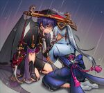  1boy 1girl alternate_universe arm_guards armor arms_at_sides artist_name black_bodysuit black_gloves black_hat black_sandals black_shorts black_sleeves black_veil blood blood_on_face blue_bow blue_coat blue_gem blue_hakama blue_skirt blue_sleeves blunt_ends blunt_tresses bodysuit bow chinese_knot choppy_bangs coat collared_coat commentary dou elbow_gloves english_commentary eyeliner facing_another fingernails furisode gem genshin_impact gloves gold gold_trim hakama hand_on_another's_face hand_up hat high_collar high_ponytail highres injury japanese_armor japanese_clothes jewelry jinbaori jingasa kamisato_ayaka kimono kneeling kote kurokote large_bow layered_shorts layered_sleeves leaning_forward long_hair looking_at_another makeup mandarin_collar middle_ring mitsudomoe_(shape) neck_ring o-ring outdoors parted_lips partially_fingerless_gloves pink_rope pink_sleeves ponytail purple_blood purple_eyes purple_hair purple_sash purple_shorts rain red_eyeliner red_hat red_sash riina_606 rope sandals sash scaramouche_(genshin_impact) see-through_clothes see-through_veil seiza shimenawa short_sleeves shorts simple_background sitting skirt sleeve_slit stirrup_legwear tabi toeless_legwear tomoe_(symbol) tsurime veil vision_(genshin_impact) white_hair white_mouth white_rope zouri 