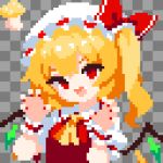  1girl ascot blonde_hair commentary_request crystal_wings fang flandre_scarlet hat highres looking_at_viewer mushroom necktie open_mouth pixel_art red_eyes red_necktie red_shirt shirt side_ponytail solo takeez3 touhou upper_body white_hat wings yellow_ascot 