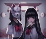  2girls black_eyes black_hair black_sailor_collar blunt_bangs bow bowtie choker closed_mouth commentary_request doku-chan_(dokkudokudoku) expressionless facial_mark flower fox_mask grey_background long_hair looking_at_viewer mask mask_on_head moon multiple_girls original red_bow red_bowtie red_choker red_flower sailor_collar school_uniform serafuku shirt short_hair short_sleeves spider_lily torii upper_body white_shirt yin_yang 