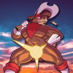 anthro bag boots bottomless brown_body butt butt_from_the_front clothed clothing cloud cowboy_hat ducknpluck equid equine featureless_crotch footwear gloves grin hair half-closed_eyes handwear hat headgear headwear hi_res holding_object holester kerchief male mammal mostly_nude muscular muscular_male narrowed_eyes nipples pecs scarf shoes sky skyscape smile solo topless