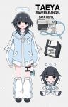  1girl :d angel angel_wings armband arrow_(symbol) bags_under_eyes black_eyes black_hair black_shoes blue_jacket blue_trim blunt_bangs cable cd checkered_background chibi chibi_inset closed_mouth commentary english_commentary english_text fake_halo fake_transparency fang floppy_disk full_body grey_background gun halo highres holster jacket jitome long_sleeves looking_at_viewer loose_socks medium_hair melonbread messy_hair no_pants open_mouth original power_symbol raised_eyebrows reference_sheet shoes single_vertical_stripe sitting skin_fang sleeves_past_fingers sleeves_past_wrists smile socks solo_focus standing taeya_savefile_angel thigh_holster upturned_eyes weapon white_armband white_background white_socks white_wings wings zipper_pull_tab 