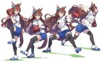 1girl ahoge animal_ears ball baseball baseball_(object) baseball_mitt black_thighhighs blue_shorts bow braid breasts brown_eyes brown_hair closed_mouth commentary_request ear_bow floating_hair from_side full_body hair_between_eyes high_heels highres holding holding_ball horse_ears horse_girl horse_tail long_hair looking_afar mejiro_bright_(umamusume) motion_blur multiple_views navel nishiki_kazue open_mouth original_race_uniform_(umamusume) pitching race_bib revision sequential shirt shoes short_sleeves shorts small_breasts smile sneakers standing standing_on_one_leg tail thighhighs throwing umamusume v-shaped_eyebrows white_background white_shirt 