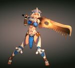  1girl anna_anon belt belt_pouch black_gloves body_markings brown_belt crotchless crotchless_pants dagger elbow_pads english_commentary facial_mark fingerless_gloves full_body fur-trimmed_gloves fur_trim gloves grey_background grey_hair hands_up highres holding holding_sword holding_weapon holster knife monster_hunter_(character) monster_hunter_(series) monster_hunter_stories_2:_wings_of_ruin navel open_mouth pants pouch red_eyes short_hair simple_background smile solo standing sword weapon 