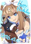  1girl absurdres almond_eye_(the_changer)_(umamusume) almond_eye_(umamusume) animal_ears bare_shoulders blue_eyes blue_gloves blue_hair blush bow bow_hairband braid breasts bright_pupils brown_hair brown_tail colored_inner_hair commentary_request dated detached_sleeves doll dress fingerless_gloves gloves hair_ornament hairband hairclip happy_birthday highres holding holding_doll horse_ears horse_girl large_breasts leaning_forward long_hair long_sleeves looking_at_viewer muchi3333 multicolored_hair open_mouth puffy_long_sleeves puffy_sleeves side_braid single_braid smile solo streaked_hair stuffed_animal stuffed_horse stuffed_toy symbol-shaped_pupils too_many_hair_ornaments umamusume upper_body v white_bow white_dress x-shaped_pupils 