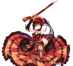  1girl antique_firearm asymmetrical_dual_wielding bare_shoulders black_hair breasts clock_eyes commentary_request date_a_live dress dual_wielding firelock flintlock frilled_dress frilled_hairband frills grandia_koori gun hairband heterochromia holding lolita_fashion lolita_hairband long_hair looking_at_viewer medium_breasts musket red_dress red_eyes ribbon smile solo symbol-shaped_pupils tokisaki_kurumi tokisaki_kurumi_(spirit) twintails two-tone_dress v-shaped_eyebrows weapon white_background yellow_eyes 