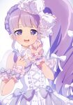  1girl :d blunt_bangs bow center_frills commentary_request dress frilled_bow frills hair_bow lolita_fashion long_hair looking_at_viewer manaka_non nail_polish official_alternate_costume ookami_nasubi open_mouth pretty_series pripara puffy_short_sleeves puffy_sleeves purple_eyes purple_hair purple_nails purple_ribbon ribbon see-through_clothes see-through_sleeves short_sleeves side_ponytail simple_background smile solo standing white_background white_bow white_dress white_ribbon wrist_cuffs 