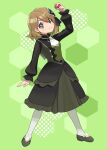  +_+ 1girl arm_up ascot bangs black_dress brown_hair buttons closed_mouth commentary_request dress ebiura_akane eyelashes full_body grey_eyes highres holding holding_poke_ball legs_apart looking_at_viewer medium_hair official_alternate_costume pantyhose poke_ball poke_ball_(basic) pokemon pokemon_(game) pokemon_masters_ex serena_(pokemon) shiny shiny_hair shoes smile solo standing white_ascot white_legwear 