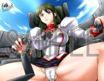  1girl agent_aika aika_(series) aircraft airplane ascot black_ascot black_skirt breasts brown_eyes buttons cockpit commentary_request commission covered_nipples day delmo_commander delmogeny_uniform double-breasted gabri-l green_hair jacket juliet_sleeves large_breasts long_hair long_sleeves military military_uniform panties pantyshot pencil_skirt piloting pixiv_commission puffy_sleeves sample_watermark signature sitting skirt solo spread_legs underwear watermark white_delmo white_jacket white_panties 