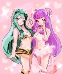  1girl 2girls animal_print bikini breasts commentary_request double_bun fukuda_(okometani) green_hair hair_bun long_hair lum multiple_girls purple_hair ranma_1/2 shampoo_(ranma_1/2) strapless strapless_bikini swimsuit tiger_panties tiger_print urusei_yatsura 