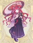  1girl animal aspara_(tw) black_bow black_cat black_hakama blush bow cat dairoku_ryouhei flower full_body hair_bow hakama holding holding_animal holding_umbrella japanese_clothes kimono long_hair looking_at_viewer oil-paper_umbrella pink_eyes platform_sandals red_hair sandals socks solo spider_lily umbrella very_long_hair white_socks yagasuri yellow_background 