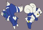anus artienvy balls blue_body blue_fur blue_markings butt crossgender curled_fur duo female fur generation_6_pokemon genitals green_eyes heart_on_butt looking_back male markings meowstic meowstic_(female) meowstic_(male) mismatched_sexual_dimorphism nintendo penile_spines penis pokemon pokemon_(species) presenting presenting_hindquarters raised_tail tail vulva white_body white_fur white_markings yellow_eyes yellow_penis