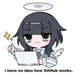  1girl @_@ angel angel_wings bags_under_eyes black_eyes black_hair blue_jacket blunt_bangs blush_stickers cd chibi closed_mouth commentary computer cropped_torso english_commentary english_text fake_halo github halo hand_up highres jacket jitome laptop looking_at_viewer medium_hair melonbread messy_hair original power_symbol simple_background smile solo sparkle taeya_savefile_angel thumbs_up upturned_eyes white_background white_wings wings zipper_pull_tab 