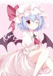  1girl ascot bat_wings between_legs blue_hair brooch character_name collared_shirt commentary_request dong_yu_hei_mao feet_out_of_frame frilled_shirt_collar frilled_skirt frilled_sleeves frills hair_between_eyes hand_between_legs hat heart heart_background highres jewelry knee_up long_skirt looking_at_viewer mob_cap one_eye_closed pink_background pink_hat pink_shirt pink_skirt puffy_short_sleeves puffy_sleeves red_ascot red_eyes remilia_scarlet shirt short_hair short_sleeves sitting skirt solo touhou wings 