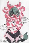 animal_print anthro belly blush bovid bovine bra cattle clothing costume covering covering_face cow_print cow_print_lingerie dialogue drawing embarrassed female fishnet_clothing fishnet_legwear flustered green_eyes green_hair hair hi_res holstein_friesian_cattle hoodie legwear lingerie looking_at_viewer mammal mootsncompany mumei_(mootsncompany) name_in_dialogue panties pink_clothing pink_legwear sketch solo speech_bubble tail tail_tuft topwear traditional_media_(artwork) tuft underwear