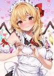  1girl alternate_costume apron back_bow black_dress blonde_hair blush bow closed_mouth commentary_request crystal crystal_wings detached_sleeves dress enmaided flandre_scarlet four-finger_heart_hands heart heart_hands highres long_hair looking_at_viewer maid maid_apron maid_headdress multicolored_wings one_side_up paid_reward_available red_eyes shironeruka sleeveless sleeveless_dress solo sweatdrop touhou white_apron white_bow wings 