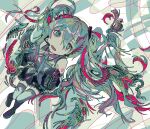  1girl abstract abstract_background aqua_eyes aqua_hair aqua_theme black_skirt black_sleeves black_thighhighs blue_necktie blush collared_shirt commentary detached_sleeves dutch_angle floating_hair full_body grey_shirt hands_up hatsune_miku highres long_sleeves microphone miniskirt multicolored_hair necktie number_tattoo open_mouth red_hair shirt skirt sleeveless sleeveless_shirt sleeves_past_wrists smile solo tattoo thighhighs twintails two-tone_hair upturned_eyes vocaloid zer0h 
