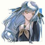  1girl bang_dream! bang_dream!_it's_mygo!!!!! black_ribbon blue_hair blue_shirt chinese_commentary closed_mouth commentary_request cropped_torso grey_neckerchief hair_ribbon long_hair looking_at_viewer maybeu_notfound404 neckerchief ribbon sailor_collar school_uniform shirt sidelocks smile solo togawa_sakiko tsukinomori_school_uniform two_side_up upper_body white_background yellow_eyes 