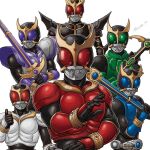  1boy anniversary arcle_(kuuga) armor azusa_tanaka beetle belt blue_eyes bowgun bug commentary_request dragon_rod green_eyes ground_vehicle gun heisei kamen_rider kamen_rider_kuuga kamen_rider_kuuga_(series) kamen_rider_kuuga_(ultimate_form) kuuga_(dragon) kuuga_(growing) kuuga_(mighty) kuuga_(pegasus) kuuga_(titan) male_focus motor_vehicle multiple_persona pegasus_gun purple_eyes red_eyes shoulder_pads signature staff sword thumbs_up titan_sword tokusatsu weapon white_background 