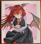  1girl :o bat_wings black_skirt black_vest blush book book_hug border breasts collared_shirt commentary_request cowboy_shot dress_shirt fang hair_between_eyes head_wings holding holding_book koakuma large_breasts leaning_forward long_hair long_sleeves looking_at_viewer low_wings marker_(medium) nail_polish necktie object_hug pink_background pointy_ears red_eyes red_hair red_necktie shikishi shirt sidelocks simple_background skirt skirt_set slit_pupils solo touhou traditional_media vest white_border white_shirt wings yuuma-nii 