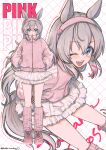  1girl animal_ears blue_eyes blush commentary_request fang grey_hair grey_tail hair_between_eyes hairband hands_in_pockets headband highres horse_ears horse_girl horse_tail jacket long_hair long_sleeves multiple_views obaa-chan_(golden_retriever) one_eye_closed open_mouth pink_hairband pink_jacket pink_shoes pink_skirt pink_socks shoes skirt socks soles tail tamamo_cross_(umamusume) teeth umamusume upper_teeth_only very_long_hair 