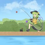  <o>_<o> 1girl absurdres black_boots black_hat blue_sky boots cat chinese_commentary cloud commentary_request fishing fishing_rod green_eyes green_skirt hat hat_ribbon heart heart_of_string highres holding holding_fishing_rod kaenbyou_rin kaenbyou_rin_(cat) komeiji_koishi long_sleeves medium_hair open_mouth outdoors ribbon shirt skirt sky third_eye touhou wrainman yellow_ribbon yellow_shirt 