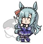  1girl ^_^ animal animal_ears blue_hair blush_stickers bow braid breasts chibi closed_eyes commentary_request crown_braid horse_ears horse_girl horse_tail imitating kawamochi_(kawauti919) large_breasts long_hair long_sleeves mejiro_ardan_(umamusume) orca puffy_long_sleeves puffy_sleeves purple_shirt purple_skirt purple_thighhighs school_uniform shadow shirt simple_background skirt smile solo standing standing_on_one_leg tail thighhighs tracen_school_uniform translation_request umamusume very_long_hair white_background white_bow 