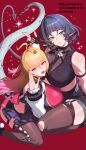  2girls absurdres animal_ears black_gloves black_hair black_necktie black_skirt black_thighhighs blonde_hair breast_press breasts cissia_(zenless_zone_zero) crop_top english_text fingerless_gloves gloves green_eyes heart_tail_duo highres jane_doe_(zenless_zone_zero) large_breasts leotard long_hair looking_at_viewer mouse_ears mouse_girl mouse_tail multicolored_leotard multiple_girls necktie purple_eyes purple_nails red_background skirt snake_girl snake_tail tail tang_ke thighhighs torn_clothes torn_thighhighs two-tone_leotard very_long_hair zenless_zone_zero 