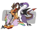 anthro breasts canid canine dragon duo equid equine female feral fox genitals horn horse hybrid mammal melee_weapon mythological_creature mythological_equine mythological_scalie mythology polearm prostokvashino scalie spear tama-tama unicorn vulva weapon