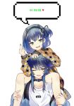  2boys :d ;d animal_ear_hairband animal_ears black_choker black_hairband black_ribbon blue_hair blue_jacket blue_shorts bright_pupils carrying carrying_person cat_ear_hairband cat_ears character_name choker clothes_writing collarbone commentary_request denim denim_shorts double-parted_bangs dual_persona english_text fake_animal_ears fangs feet_out_of_frame fingerless_gloves flipped_hair gloves green_nails grey_jacket hair_between_eyes hair_ribbon hairband hand_on_another's_head hands_on_another's_legs hands_up head_tilt heart highres jacket jacket_partially_removed kiki_(tsunya) long_sleeves looking_at_viewer male_focus middle_finger multiple_boys nail_polish o-ring o-ring_choker one_eye_closed one_side_up open_clothes open_jacket open_mouth patterned_clothing pixel_art_inset puffy_long_sleeves puffy_sleeves raised_eyebrows ribbon round_teeth ryoune_yami short_hair short_hair_with_long_locks short_shorts shorts shoulder_carry simple_background sitting sleeves_past_wrists smile speech_bubble straight-on swept_bangs teeth trap tsurime upper_body upper_teeth_only utau v-shaped_eyebrows white_background white_hair white_pupils yellow_jacket 