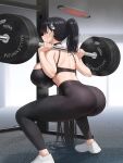  1girl absurdres ass back barbell black_hair black_halo black_pants black_sports_bra blue_archive blush breasts bright_pupils commentary_request dumbbell exercising from_behind hair_behind_ear hair_ornament hairclip halo highres holding holding_dumbbell huge_breasts long_hair midriff millennium_science_school_logo mizikayo multicolored_halo pants ponytail red_eyes rio_(blue_archive) shoes solo sports_bra standing two-tone_halo very_long_hair weightlifting white_pupils white_shoes 