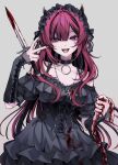  1girl 402_(o0_xxx) :d bad_id bad_twitter_id bare_shoulders black_dress black_hairband black_nails blood blood_on_clothes blunt_bangs breasts collar corset cross cross_necklace dagger detached_sleeves dress fangs gothic_lolita grey_background guro hairband hand_up highres holding holding_dagger holding_knife holding_organ holding_weapon intestines jewelry knife lolita_fashion lolita_hairband long_hair looking_at_viewer medium_breasts nail_polish necklace o-ring_collar open_mouth original purple_eyes red_hair smile solo spiked_collar spikes v weapon 