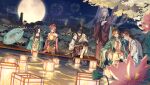  2girls 4boys absurdres aerial_fireworks aqua_robe black_choker black_dress black_gloves black_hair black_hanfu black_sash black_thighhighs blue_umbrella blurry boots brown_hair building chinese_clothes chinese_commentary choker closed_mouth cloud coat commentary_request crossed_arms curtained_hair daxiushan depth_of_field dress dutch_angle facial_mark fingerless_gloves fireworks flower flower_choker forehead_mark full_body full_moon gauntlets ginkgo_tree gloves goggles goggles_around_neck green_coat hair_between_eyes hair_flower hair_ornament hair_over_shoulder hair_rings hair_stick hanfu hezi highres hua_yi_shanxin_zhiyue jiemuye knee_boots kneeling lantern lantern_on_liquid ling_yan_ru long_hair long_hair_between_eyes long_sleeves looking_ahead looking_at_another looking_at_object looking_to_the_side lotus lotus_leaf lotus_pod mole mole_under_eye monocle moon multicolored_hair multiple_boys multiple_girls night oil-paper_umbrella on_one_knee open_clothes open_coat outdoors pants pants_tucked_in paper_lantern parted_bangs parted_lips pelvic_curtain peony_(flower) pier pink_flower pink_hanfu ponytail profile purple_eyes purple_hanfu purple_robe qixiong_ruqun red_eyes red_lips red_streaks reflection reflective_liquid robe sash short_ponytail sidelocks_tied_back sikong_che single_gauntlet smile standing streaked_hair tassel thighhighs tower tree umbrella very_long_hair waist_sash water wei_yang wen_siyu white_boots white_coat white_dress white_hair white_hanfu white_robe wide_sleeves xiao_guan_(headdress) yellow_eyes yu_ze yuanlingpao yue_lian 