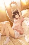  1girl absurdres arms_up brown_eyes brown_hair curtains highres indoors knees_up looking_at_viewer original pillow_bed pink_shirt shirt short_hair shorts sitting sleepwear smile12190 socks solo stretching white_shorts white_socks 