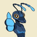 2024 3_fingers ant antennae_(anatomy) anthro arthropod black_eyes blue_body blue_markings chest_markings eek_(eekanant) eekanant emoji_description facial_markings fingers gesture half-length_portrait hand_gesture head_markings hi_res hymenopteran insect looking_at_viewer male markings multicolored_antennae portrait pupils reaction_image simple_background solo thumbs_up white_pupils yellow_sclera