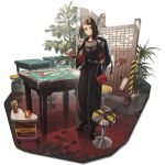  1girl arknights bag baggy_pants belt bird_girl black_belt black_hair black_jacket black_pants black_shirt black_shoes broken_tile caution_tape closed_mouth cup dark-skinned_female dark_skin dice drinking_straw ear_piercing earrings english_text eyebrow_cut fishnet_top fishnets full_body halter_shirt halterneck hand_in_pocket handbag high-waist_pants high_heels highres holding holding_dice indoors jacket jacket_on_shoulders jewelry kamameshi_gougoumaru kestrel_(arknights) kestrel_(bird) kestrel_(charm_of_the_tiles)_(arknights) leather leather_jacket light_smile looking_at_viewer machete mahjong mahjong_table mahjong_tile nail_polish necklace non-web_source official_alternate_costume official_art pants partition piercing plant potted_plant red_bag shaved_head shirt shoes solo standing stool table tachi-e tile_floor tiles transparent_background wooden_table yellow_eyes yellow_nails 