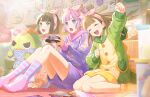 3girls :d :o ^_^ anyoji_hime black_hair blue_eyes blue_socks blunt_bangs blunt_ends bob_cut brown_cardigan brown_hair cardigan carpet center-flap_bangs clenched_hands closed_eyes controller fluffy_clothes game_cg game_controller gonzales_(love_live!) green_eyes green_jacket grey_scarf hair_intakes hairband hasu_no_shousankaku highres holding holding_controller holding_game_controller hood hooded_jacket hoodie indoors jacket kachimachi_kosuzu knit_cardigan knit_scarf link!_like!_love_live! long_sleeves looking_ahead love_live! momose_ginko multi-tied_hair multiple_girls non-web_source official_art on_floor open_mouth orange_socks pink_hair pink_hairband pink_socks playing_games playing_video_games ponytail print_hoodie purple_hoodie scarf self-datamine short_hair sidelocks sitting smile socks striped_clothes striped_socks stuffed_dinosaur teeth two-tone_socks ufo_print upper_teeth_only virtual_youtuber wariza 