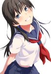  1girl black_hair blue_sailor_collar blue_skirt dated_commentary flower grin hair_flower hair_ornament long_hair looking_at_viewer midriff_peek neckerchief pleated_skirt raika9 red_neckerchief sailor_collar sakugawa_school_uniform saten_ruiko school_uniform serafuku shirt skirt smile solo toaru_kagaku_no_railgun toaru_majutsu_no_index white_shirt 