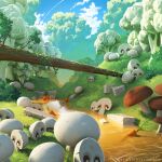  blue_sky brown_liquid bush carrot cauliflower cloud commentary day english_commentary food giant_mushroom grass highres hill landscape mushroom no_humans original outdoors oversized_food oversized_object painterly river scenery sky sylvain_sarrailh tofu tree_trunk_bridge web_address 