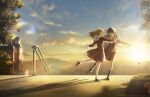  2girls black_bow black_hair black_socks blue_sky bow braid brown_dress brown_hair brown_shoes center-flap_bangs cloud dollchestra dress full_body game_cg hair_bow hasu_no_sora_school_uniform highres kachimachi_kosuzu leg_up link!_like!_love_live! loafers long_sleeves love_live! medium_dress multiple_girls murano_sayaka neckerchief non-web_source official_art outdoors pleated_dress red_neckerchief sailor_collar sailor_dress school_uniform self-datamine shadow shoes side_braids sky socks sunset virtual_youtuber white_sailor_collar white_socks winter_uniform yellow_neckerchief 