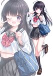  1girl absurdres ahoge bag black_hair black_sailor_collar black_skirt black_socks blue_bag blunt_bangs blush bow bowtie brown_shoes collarbone commentary_request diagonal-striped_bow diagonal-striped_bowtie diagonal-striped_clothes different_zoom_layer full_body hair_ornament highres kneehighs loafers long_hair long_sleeves looking_at_viewer midriff one_eye_closed open_mouth original pleated_skirt pointing pointing_at_self purple_eyes red_bow red_bowtie sailor_collar school_bag school_uniform serafuku shirt shoes simple_background skirt smile socks standing standing_on_one_leg striped_bow striped_bowtie striped_clothes tyutaka0427 white_background white_shirt 